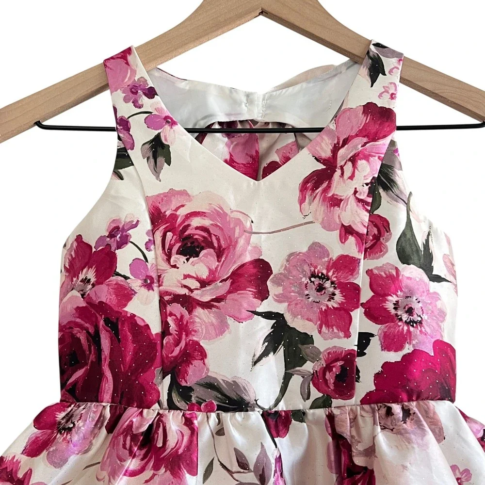 Rare Editions Girls Size 7 Floral Party Dress White Rose Print Tulle Wedding EUC